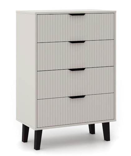 CDF Kommode mit 4 Schubladen für Wohnzimmer Schlafzimmer Flur – Modernes Design mit gerillten Fronten – Viel Stauraum – Sideboard mit Schubladen – Kaschmir Beige Scandi 3S Slim von CDF