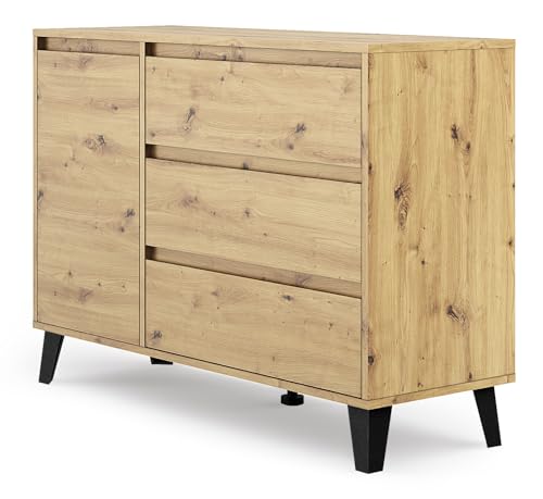 CDF Moderne Kommode Scandi 1D3S | Farbe: Eiche Artisan | Schrank für Dokumente, Kleinigkeiten | Ideal für Wohnzimmer, Schlafzimmer, Kinderzimmer, Jugendzimmer und Büro | Schubladen | Einfache Montage von CDF