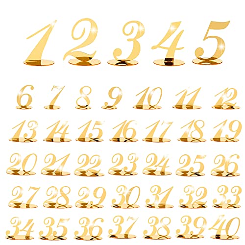 Acryl Tischnummern, Hochzeit Tischnummern Ständer Gold mit Halter Basis Elegant Spiegel Tischnummer Schilder für Hochzeit Tischdekoration Hochzeit Party (1-40) von CDIYTOOL
