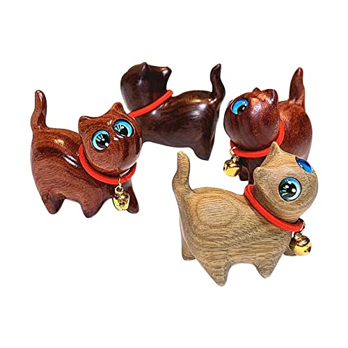 CDIYTOOL 4 x Holz-Katzenfiguren, handgeschnitzte Katzen-Kätzchen-Statue mit Glocke, Sammlerstück, niedliche Tierskulptur, Schreibtisch-Ornament, handgefertigtes Zubehör, Hochzeitsgeschenk (Muster 2) von CDIYTOOL