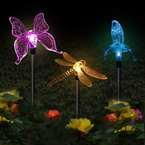 CDIYTOOL Solar-Gartenleuchten für den Außenbereich, 3 Stück, Schmetterling, Kolibri, Libelle, LED, solarbetrieben, Gartenlichter, Dekoration für Party, Rasen, Hof, Weg, Gehweg. von CDIYTOOL