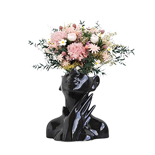 CDIYTOOL Keramik-Gesichtsvase, schwarze Blumenvase für Dekoration, weibliche Form, Kopf, Halbkörper-Büste, Vasen, Minimalismus, dekorative moderne Blumenvase im nordischen Stil (C) von CDIYTOOL