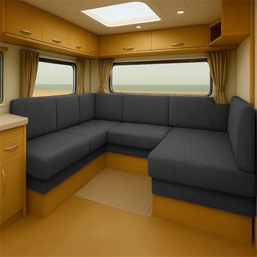 Elastischer Sitzkissenbezug für Wohnmobilbank oder Sofa Jacquard Stretch Schonbezug mit Riemen, Waschbarer Rutschfester Bezug für Camper, Caravan oder Essbereich (Dunkelgrau,W50-65 * L 140-190cm) von CDPTD