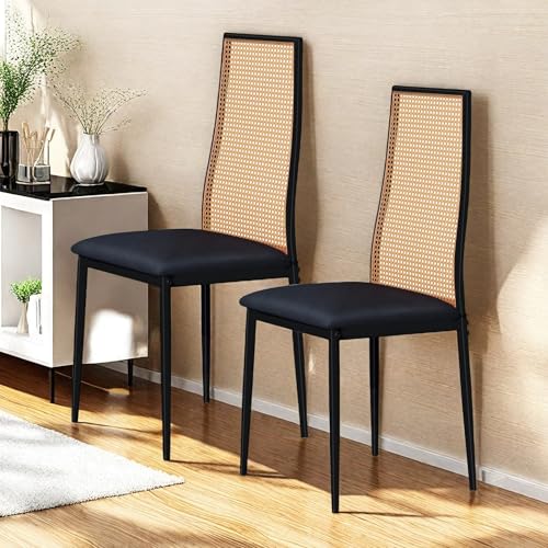 CDQL 2er Set PU Leder Esszimmerstühle für Küchen Rattan Akzentstühle für Esszimmer, Rattan Stuhl, Polsterstuhl mit Massivholzbeinen für Esszimmer, Wohnzimmer, Schwarz von CDQL