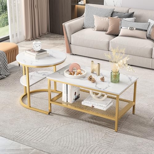 CDQL Couchtisch 2er Set, Beistelltisch Marmor Optik mit Metallrahmen & Ablage, Wohnzimmertisch, Moderne Sofatisch Beistelltisch mit Schwarzem Metallrahmen (Goldene) von CDQL