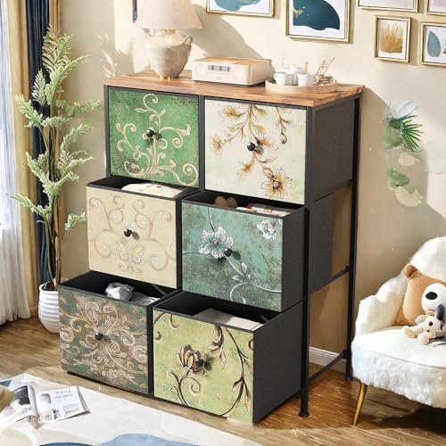 CDQL Kommode mit 6 Schubladen aus Stoff, 67.5 x 86.5 x 30 cm, Sideboard Schubladenschrank, für Wohnzimmer Schlafzimmer Flur,Rustikales Braun mit Vintage-Blumenmotiv CDQL Kommode mit 6 Schubladen aus Stoff, 67.5 x 86.5 x 30 cm, Sideboard Schubladenschrank, für Wohnzimmer Schlafzimmer Flur,Rustikales Braun mit Vintage-Blumenmotiv von CDQL