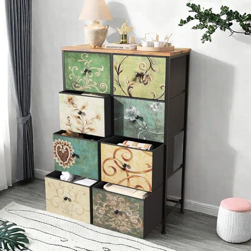CDQL Kommode mit 8 Schubladen aus Stoff, 67.5 x 100 x 30 cm, Sideboard Schubladenschrank, für Wohnzimmer Schlafzimmer Flur,Rustikales Braun mit Vintage-Blumenmotiv von CDQL
