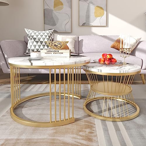CDQL Moderne Nesting Couchtisch, Couchtisch Satz Marmor Furnier Sofa Seite Nest von Tischen Runde Endtische, Satz von 2, Goldene Farbe Frame von CDQL