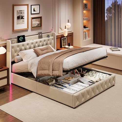 CDQL Polsterbett 140x200cm, Doppelbett mit Stauraum und Lattenrost, LED Kopfteil mit USB Ladefunktion, Samtbett mit Stauraum, Funktionsbetten Rückenlehne Bettgestell, Beige CDQL Polsterbett 140x200cm, Doppelbett mit Stauraum und Lattenrost, LED Kopfteil mit USB Ladefunktion, Samtbett mit Stauraum, Funktionsbetten Rückenlehne Bettgestell, Beige von CDQL
