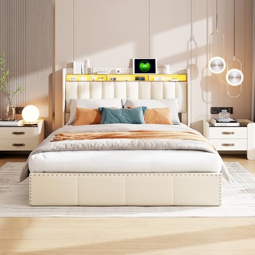 CDQL Polsterbett 140x200cm, mit integrierter USB-Ladestation und LED, Doppelbett mit Nietenverzierung, Bett mit Stauraum, Erwachsenenbett, Teenagerbett, Cremeweißes, Samt von CDQL