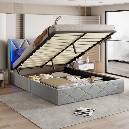 CDQL Polsterbett 140x200cm mit LED-Lichtleiste und Air-Bar-Stauraum, Doppelbett mit Lattenrost, Jugendbett, Bett mit Stauraum, Eisgraues Samt von CDQL