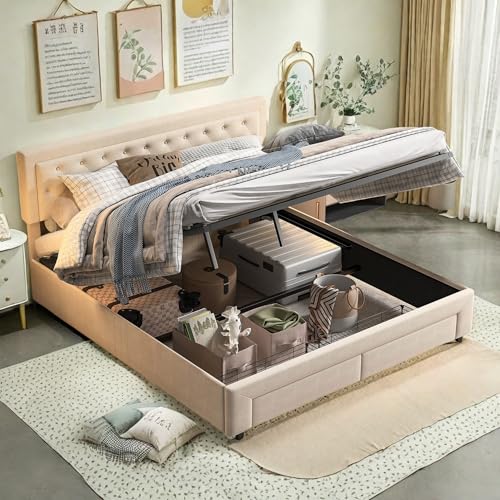 CDQL Polsterbett 160 x 200cm mit Lattenrost, Samt Gepolstertes Hydraulisch Doppelbett mit 2 Schubladen Großer Stauraum, Bettgestell für Erwachsene & Jugend, Beige von CDQL