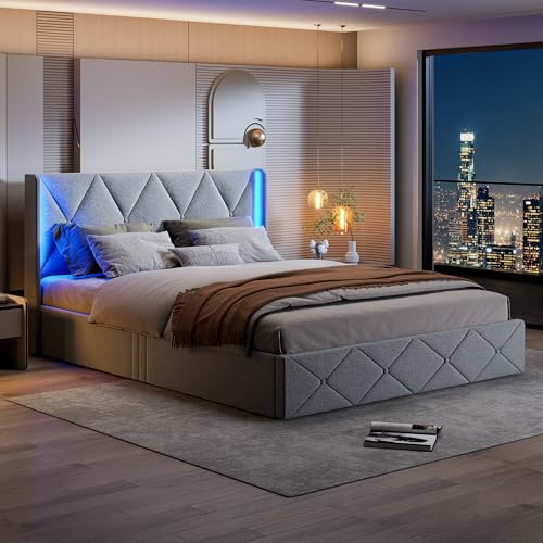 CDQL Polsterbett 160x200cm mit LED-Lichtleiste und Air-Bar-Stauraum, Doppelbett mit Lattenrost, Jugendbett, Bett mit Stauraum, Eisgraues Samt von CDQL