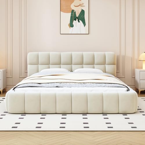 CDQL Polsterbett Bubble 140x190 cm, Doppelbett mit Lattenrost und weicher Rückenlehne, Jugendbett, Flachbett mit Polsterrahmen, geeignet für Schlafzimmer und Gästezimmer, Leinen, Beige CDQL Polsterbett Bubble 140x190 cm, Doppelbett mit Lattenrost und weicher Rückenlehne, Jugendbett, Flachbett mit Polsterrahmen, geeignet für Schlafzimmer und Gästezimmer, Leinen, Beige von CDQL