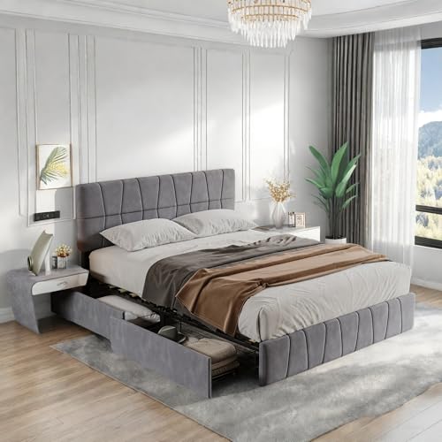 CDQL Polsterbett Doppelbett 160 x 200 cm, mit 4 Eisenschubladen, Doppelbett Bettrahmen, Modernes Bettgestell mit Stauraum, Samt Jugendbett mit Stauraum, Grau von CDQL
