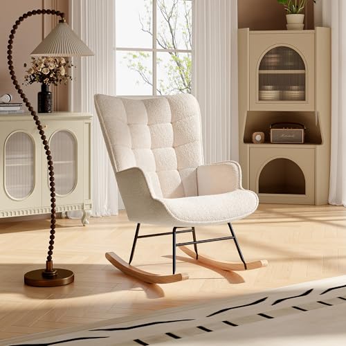CDQL Schaukelstuhl Relaxstuhl Sessel Stuhl Wohnzimmersessel, Schaukelsessel Gepolsterter Schwingsessel, Teddy Samt Reclining Schaukelstuhl fürs Wohnzimmer Schlafzimmer Balkon, Beige von CDQL