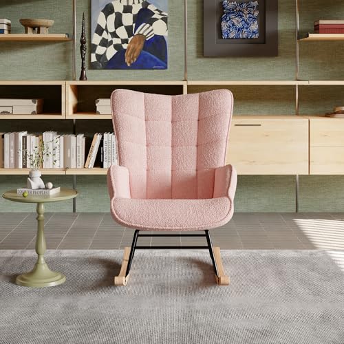 CDQL Schaukelstuhl Relaxstuhl Sessel Stuhl Wohnzimmersessel, Schaukelsessel Gepolsterter Schwingsessel, Teddy Samt Reclining Schaukelstuhl fürs Wohnzimmer Schlafzimmer Balkon, Rosa von CDQL