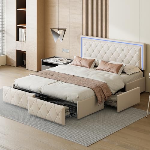 Polsterbett Doppelbett 160x200 cm mit 4 Schubladen, LED Bett mit verstellbarem Kopfteil, Bettgestell mit Lattenrost, Stauraumbett, Jugendbett, PU, Beige Polsterbett Doppelbett 160x200 cm mit 4 Schubladen, LED Bett mit verstellbarem Kopfteil, Bettgestell mit Lattenrost, Stauraumbett, Jugendbett, PU, Beige von CDQL