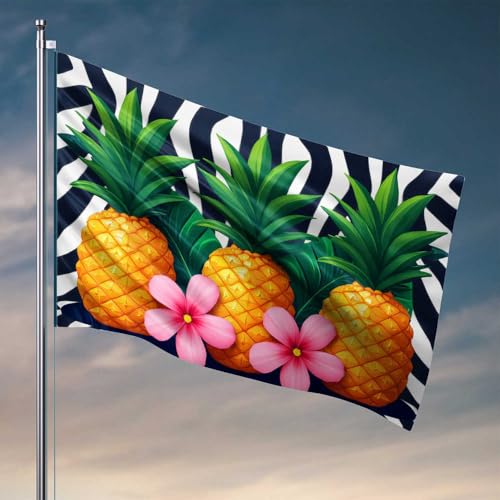 Bier-Dekor, drei Ananas mit rosa Blumen auf Zebra-Druck, Hintergrund, Flagge, Wohnheim, Wanddekoration für College-Mädchen, Balkondekoration (120 x 180 cm) von CDSS