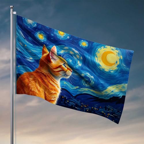 Bierdekor, Motiv: Katze blickt auf Van Gogh's Sternenhimmel, Flaggen für Ihr Zimmer, Gamer-Zubehör (152 x 244 cm) von CDSS