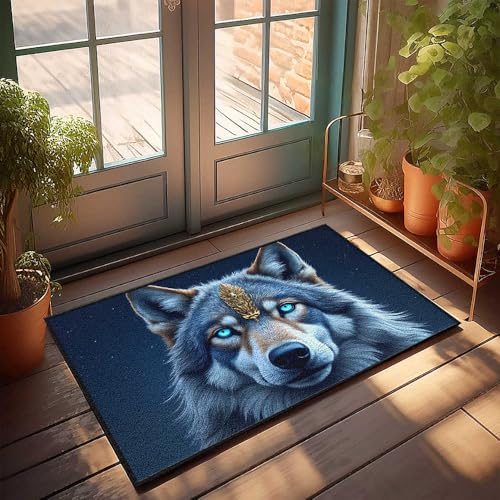 CDSS Farmhouse Fußmatten für den Außenbereich, goldener Wolf im Nachthimmel, Fußmatte, Herbsttürteppich, Veranda, Teppiche für den Außenbereich (65 x 90 cm) von CDSS