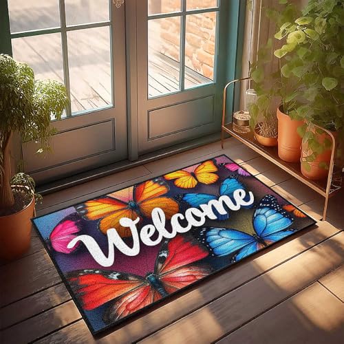 CDSS Fußmatte für Haustür, Aufschrift "Welcome to the World of Colorful Butterfly", Fußmatte, Eingangsdekoration, Spielzimmer-Dekoration (65 x 90 cm) von CDSS