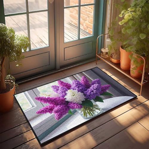 CDSS Fußmatte für den Innenbereich, Eingangsbereich, Zuhause, lebendiger lila Blumenstrauß am Fenster, Fußmatte, Pool-Dekoration, interessanter Eingang, Fußmatte (65 x 90 cm) von CDSS
