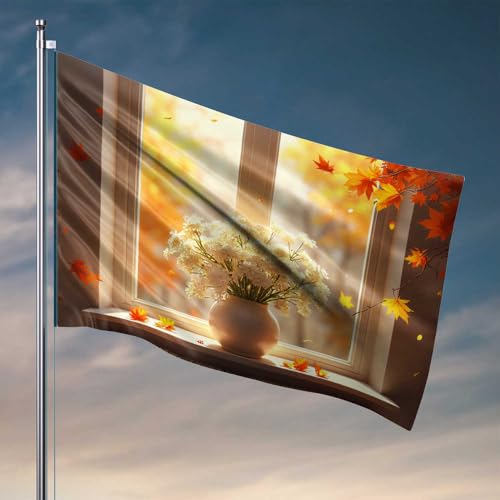 College-Flaggen für Jungs, Herbstblätter und weiße Blumen auf der Fensterbank, Flagge, Wohnheim, Wanddekoration für College-Jungen, Flaggen für Schlafsäle (30 x 45 cm) von CDSS