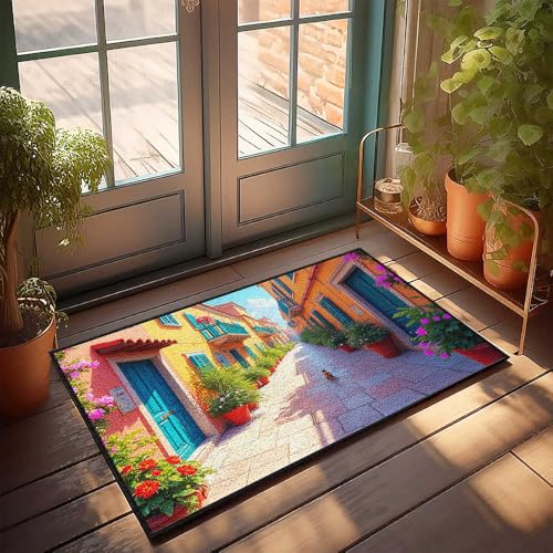 Farmhouse Badematte, bunte Straße mit Blumen und Katzen, lustige Badezimmermatte, Schlafzimmerdekoration (65 x 90 cm) von CDSS