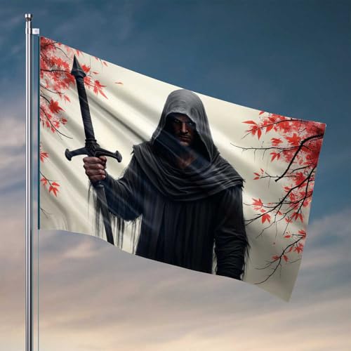 Flagge für Jungen, dunkler Krieger mit Schwert inmitten von Herbstblättern, Schlafzimmer, Türdekoration, Studentenwohnheim, Raumdekoration (152 x 244 cm) von CDSS
