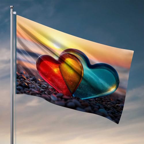 Flagge für Männer, Höhle, Bar, Herzen am Strand bei Sonnenuntergang, für Zimmer, Teenager, Mädchen, Herbst, Gartenflagge (120 x 180 cm) von CDSS
