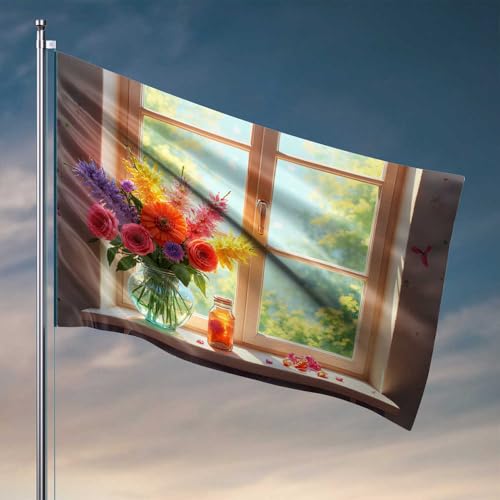 Flagge für Männer, Höhle, Bar, Sonnenlicht, Fenster mit lebendigen Blumen, Flaggen für Zimmer, Teenager, Mädchen, Herbst, Gartenflagge (60 x 90 cm) von CDSS