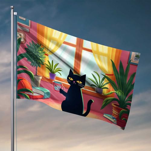Flagge für Schlafzimmer, Katze mit Tasse am Fenster, coole Flaggen für Männerhöhle, Outdoor-Flaggen, dekorativ (152 x 244 cm) von CDSS