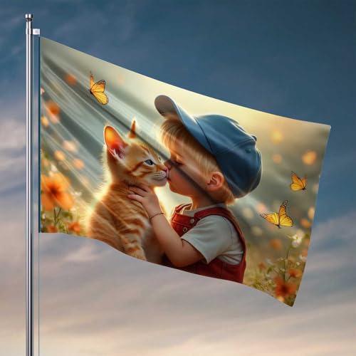 Flaggen für Mädchenzimmer, Kinder, küssende Katze im Blumengarten, mit Schmetterlingen, Heimdekoration, für Männer, Outdoor-Schilder und Dekoration (120 x 180 cm) von CDSS