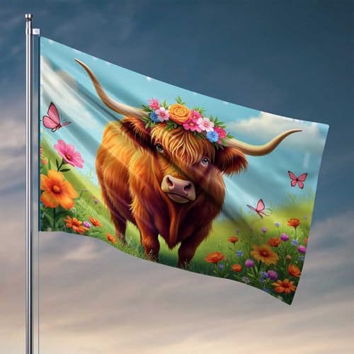 Flaggen für Männer, Hochlandkuh in einer Blume, Gartenflagge, Raumsachen, Wohnheim-Flaggen für Jungs (152 x 244 cm) von CDSS