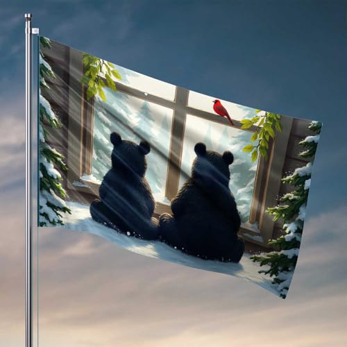 Flaggen für Männer, zwei Bären, die im Winterwald durch Fenster blicken, Raumsachen, Wohnheim-Flaggen für Jungs (152 x 244 cm) von CDSS