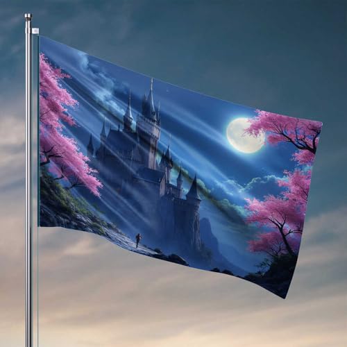 Flaggen für Studentenwohnheimzimmer, mystisches Schloss unter dem Vollmond-Flagge, coole Flaggen, Zimmer-Jungs, Gartenflaggenständer (30 x 45 cm) von CDSS