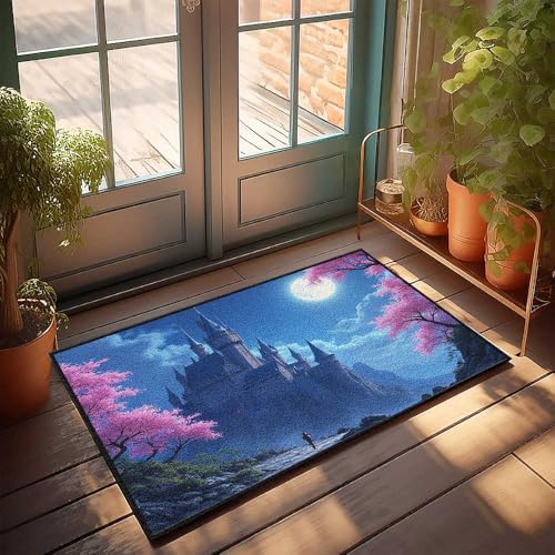 Fußmatte mit Aufschrift "Welcome-Ish", Motiv: mystisches Schloss unter dem Vollmond, 40 x 60 cm, personalisierbar von CDSS
