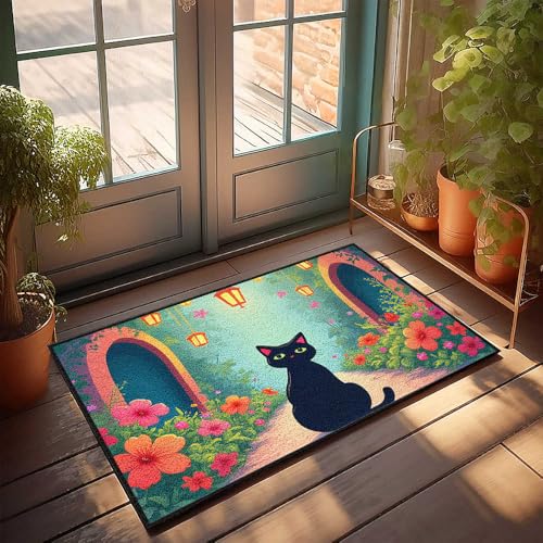 Fußmatte mit Aufschrift "Welcome Mats", lustige schwarze Katze in einem bunten Garten, Herbst-Fußmatte, Outdoor-Fußmatten mit Sprüchen (40 x 60 cm) von CDSS