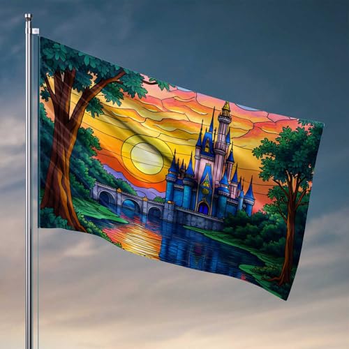 Gartenflagge, lustig, verzaubertes Schloss bei Sonnenuntergang, Windsäcke, Outdoor-Autofahnen für Zimmer (152 x 244 cm) von CDSS