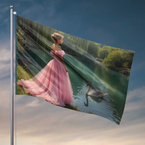 Gartenflagge, lustige Prinzessin in Rosa am See mit Schwanenflagge, Windsäcke, Outdoor-Auto-Flaggen für Zimmer (30 x 45 cm) von CDSS