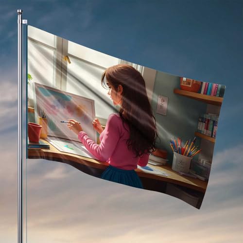 Herren-Schlafsaal-Dekoration, kreative Ecke: Ein Mädchen, das am Fenster zeichnet, Flaggen für Männerhöhle, lustige Flaggen für Studentenwohnheim (30 x 45 cm) von CDSS
