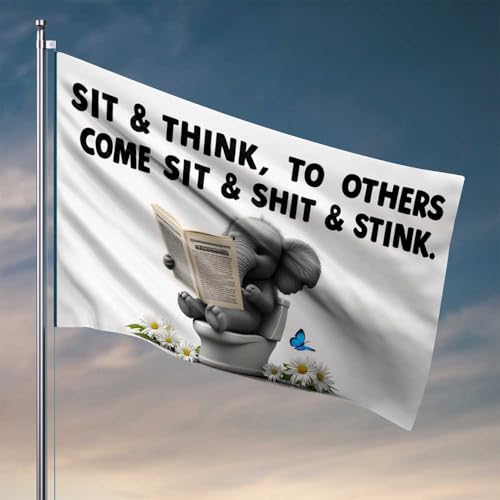 Höhlenmann-Bar-Elefant beim Lesen auf Toilette: Eine humorvolle Szene, Pool-Flagge, Gartenflagge, Frühling und Sommer, 30 x 45 cm von CDSS