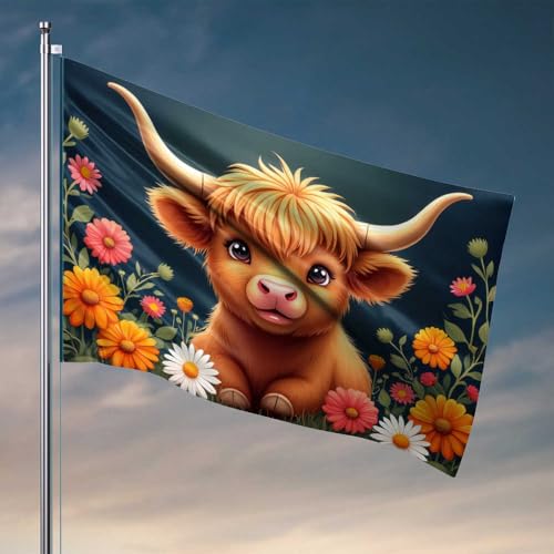 Lustige Dekoration für Bar, bezaubernde Hochlandkuh in einer Blume, Gartenflagge, Dekoration für Schlafzimmer, Flaggen für Jungs (120 x 180 cm) von CDSS