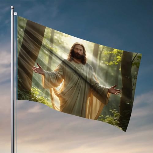 Lustige Gartenflaggen Jesus im Wald mit ausgestreckten Armen, Outdoor-Dekoration, Terrasse, Bar, Zubehör (120 x 180 cm) von CDSS