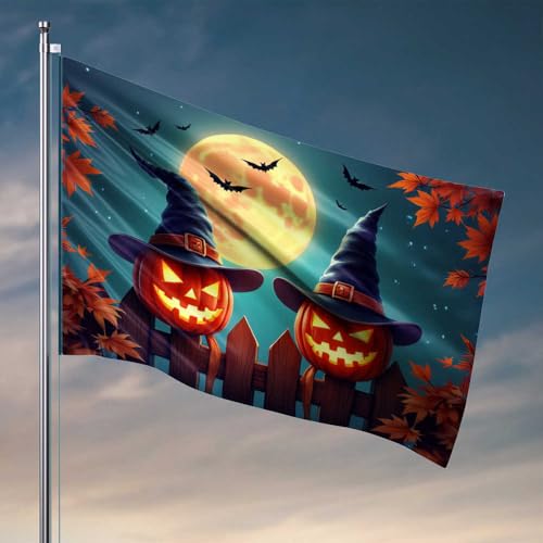 Lustige Wandflaggen, Halloween-Kürbisse mit Hexenhüten unter Vollmond-Flagge, Outdoor-Dekoration, Terrasse, Bar, Zubehör (120 x 180 cm) von CDSS