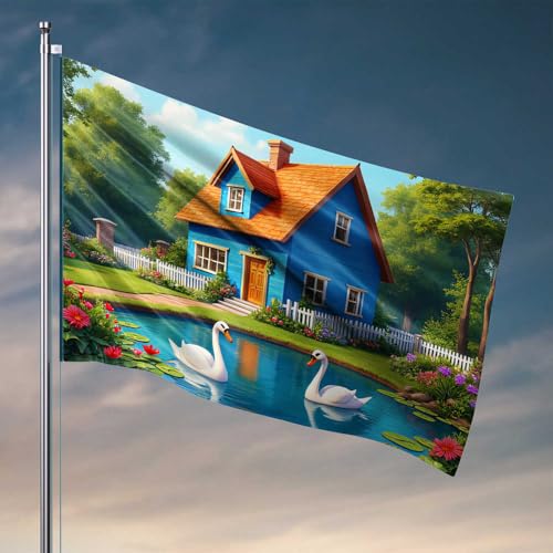 Lustige Wandflaggen, Schwäne im Garten, Teich, Outdoor-Dekoration, Terrasse, Bar, Zubehör (152 x 244 cm) von CDSS