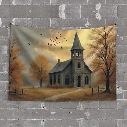 Lustiger Wandteppich, Herbstliche Gelassenheit: Eine Kirche im Wald, Wandteppich, Schlafzimmer, Wanddekoration über dem Bett, lustige Terrassendekoration (75 x 100 cm) von CDSS