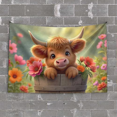 Lustiger Wandteppich, bezaubernde Hochlandkuh in einem Blumenkorb, Wandteppich, Schlafzimmer, Wanddekoration über dem Bett, lustige Terrassendekoration (75 x 100 cm) von CDSS