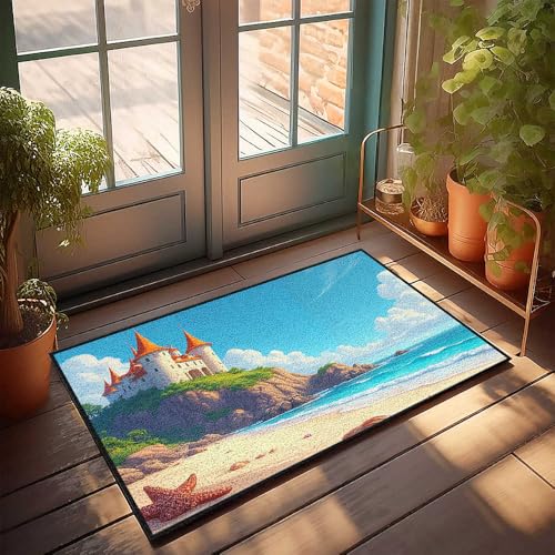 Unifarbene Willkommensmatte, Fantasy-Schloss am Meer, Fußmatte, Outdoor, Bar, Zubehör, Dekoration, coole Sachen für Jungen (65 x 90 cm) von CDSS